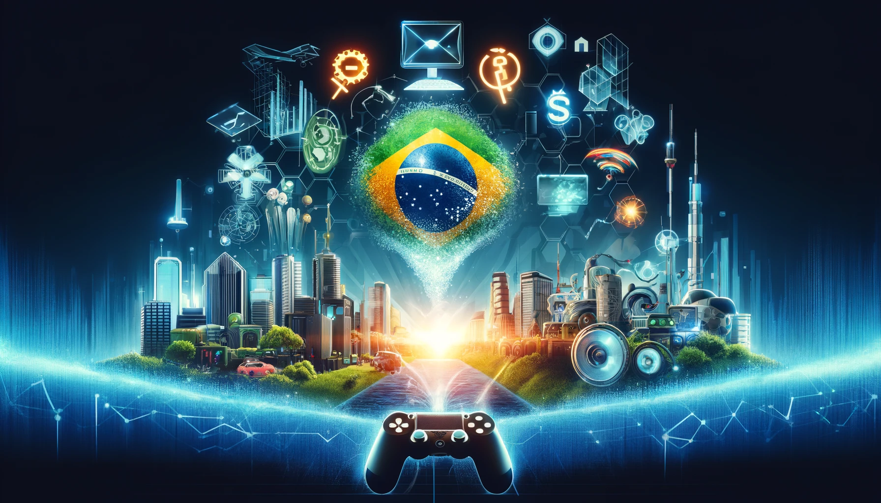 Ilustração horizontal mostrando a evolução da indústria de jogos eletrônicos no Brasil, com ênfase em inovação, proteção da juventude e incentivos financeiros em um contexto digital e futurista