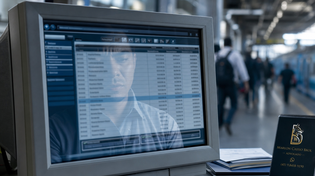 Tela de intranet corporativa exibindo lista de empregados com processos trabalhistas, refletindo o rosto preocupado de um trabalhador